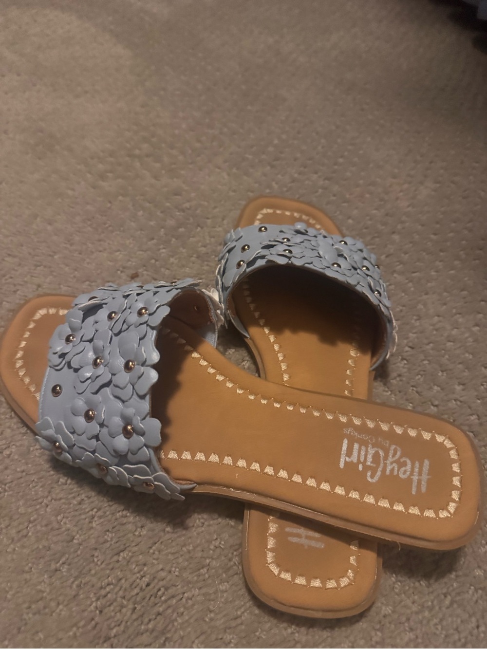 Heights Light Blue Floral Slide Sandals with Stud Accents